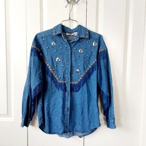 90s Western Denim Chambray Fringe & Cabochon Shirt size Small "Blue Creek Jeans"